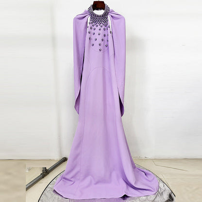 lavender nail bead halterneck open back shawl long dress