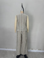 Flowering Girl Women Green White Stripe Linen Sleeveless V-Neck Vest & Wide Leg Pants Two-Piece Set
