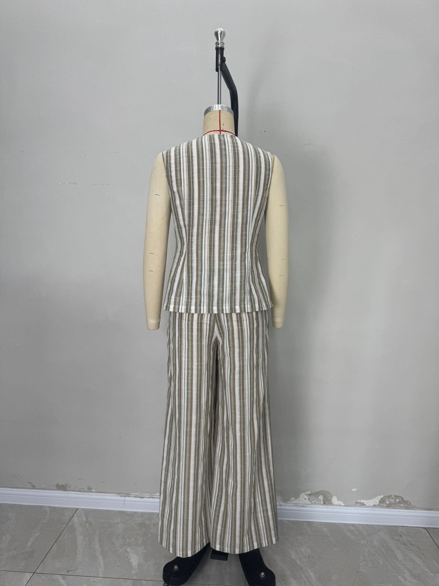 Flowering Girl Women Green White Stripe Linen Sleeveless V-Neck Vest & Wide Leg Pants Two-Piece Set