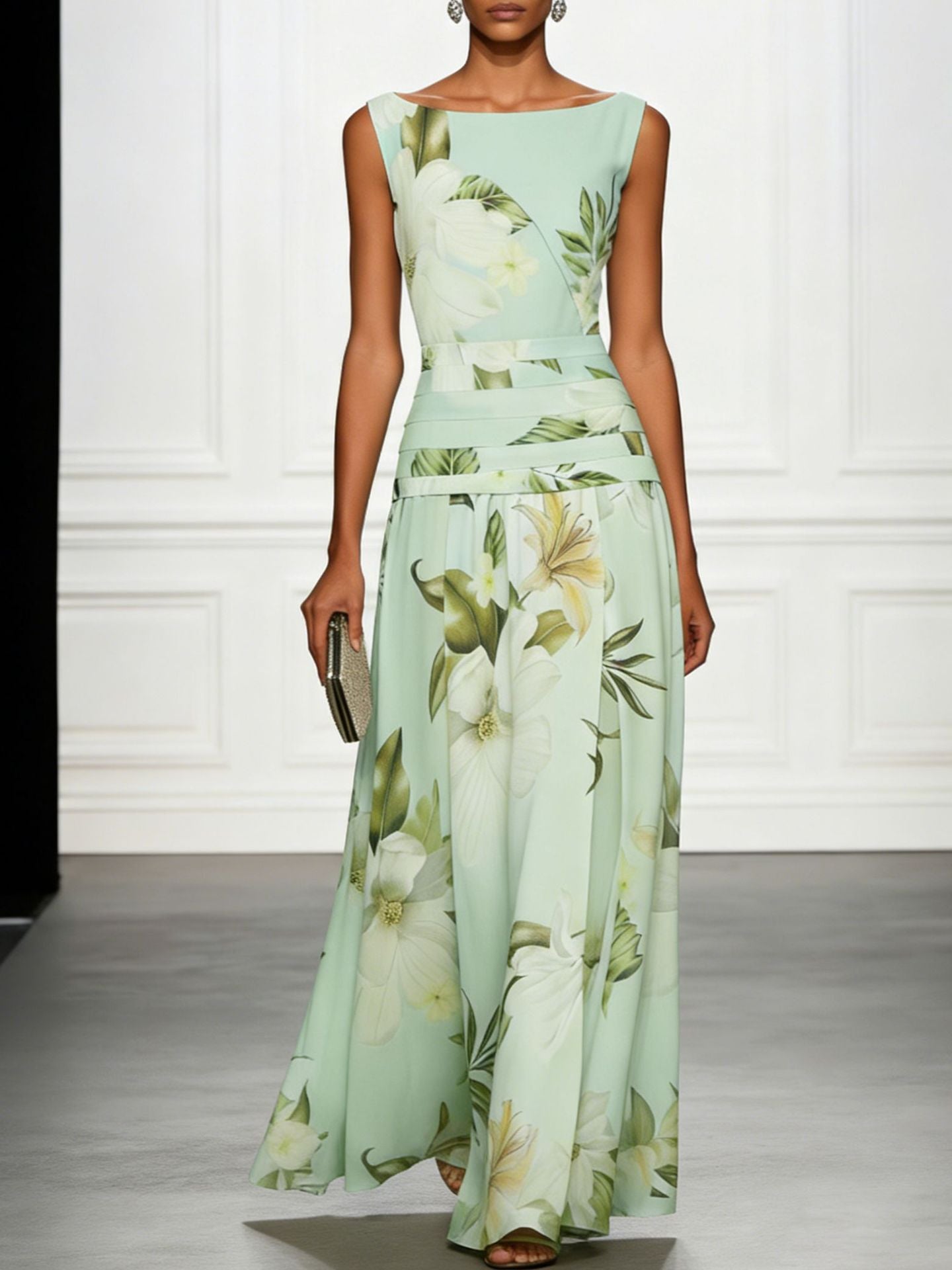 Floral Print Ruched Sleeveless A-Line Maxi Dress