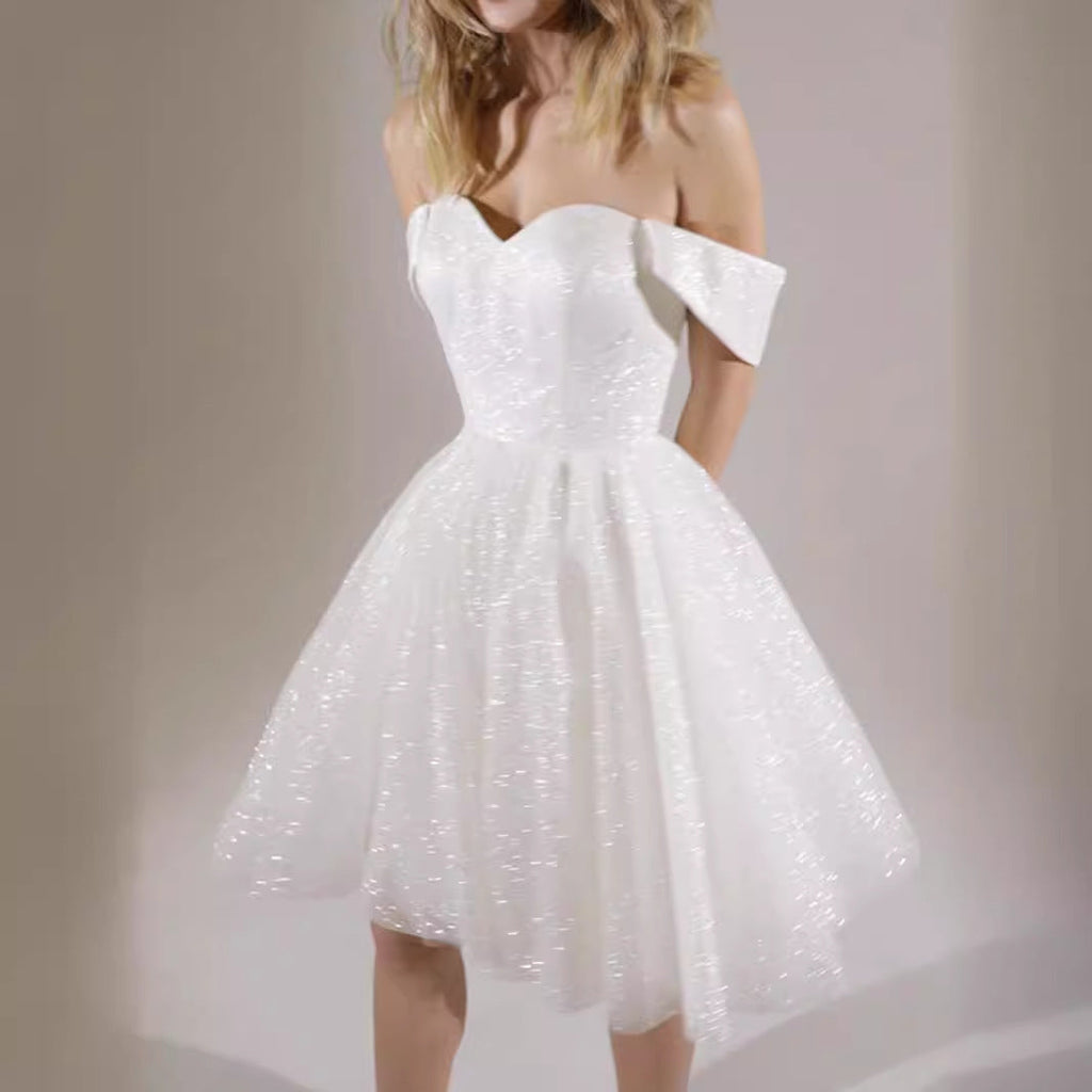 Amity White Sexy Sequined Short Princess Evening Gown Mini Dress