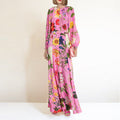 Pink Floral Print Single-Breasted Satin Maxi Dress