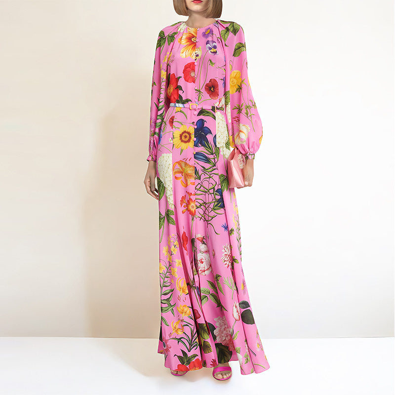 Pink Floral Print Single-Breasted Satin Maxi Dress