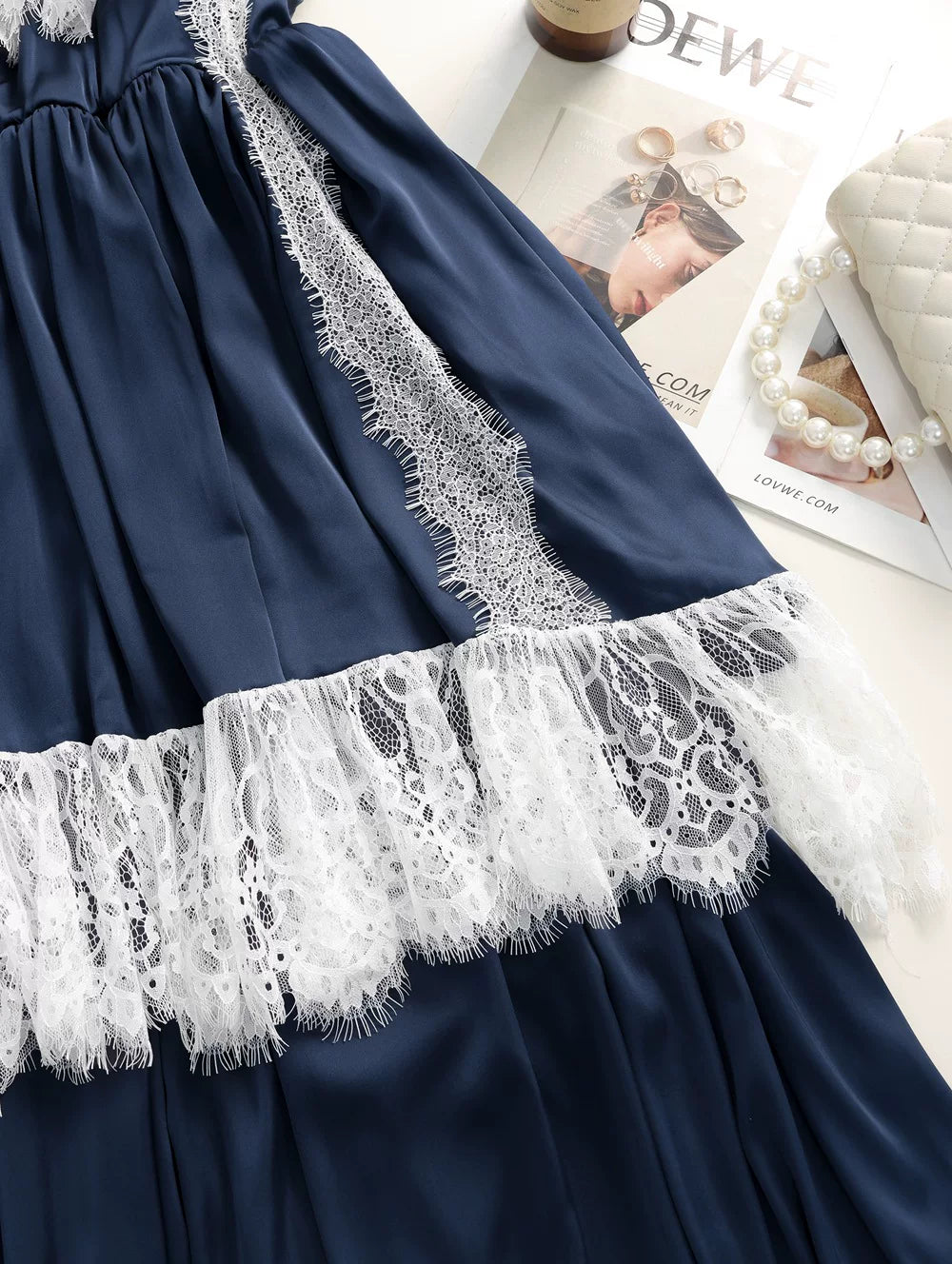 Flowering Girl Women Navy Spaghetti Strap V-Neck Tiered Lace Fringe Maxi Dress