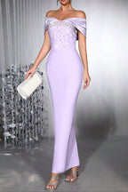 Flowering Girl Women Belen Diamond Off-Shoulder Bodycon Maxi Bandage Dress In Pale Purple