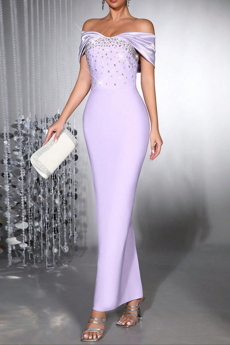 Flowering Girl Women Belen Diamond Off-Shoulder Bodycon Maxi Bandage Dress In Pale Purple