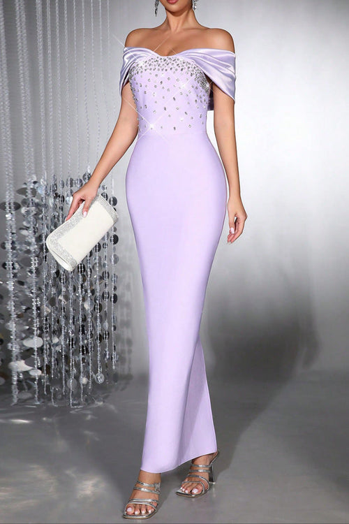 Belen Diamond Off-Shoulder Bodycon Maxi Bandage Dress In Pale Purple