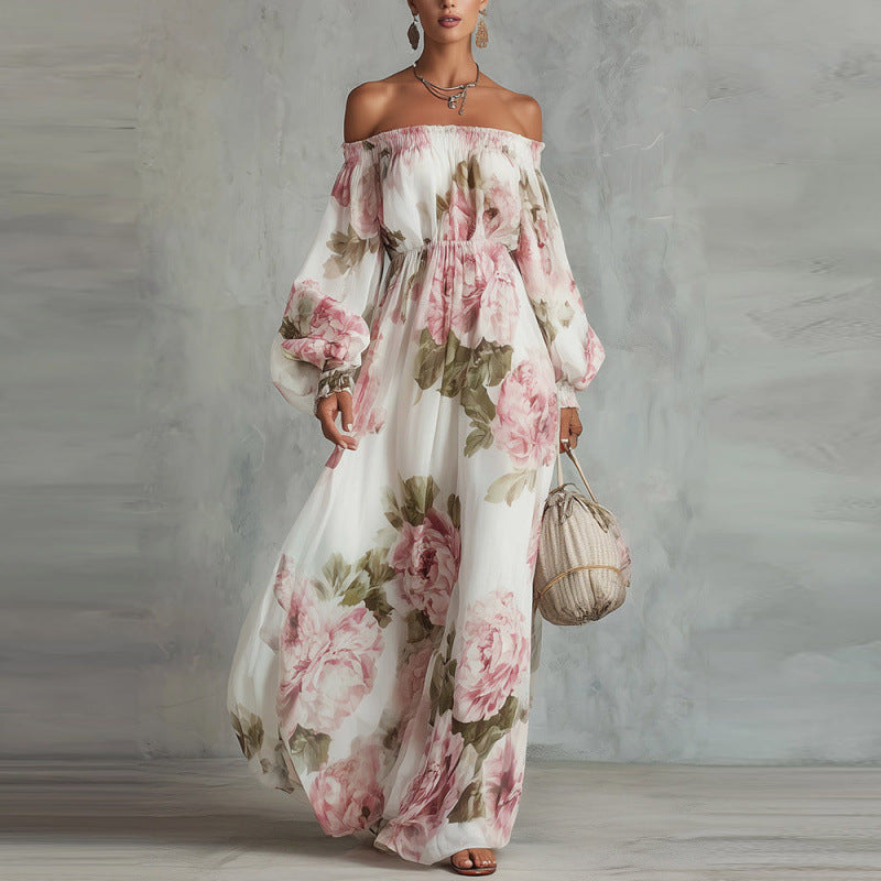 Flowering Girl Women off-shoulder Print lantern sleeve maxi dress