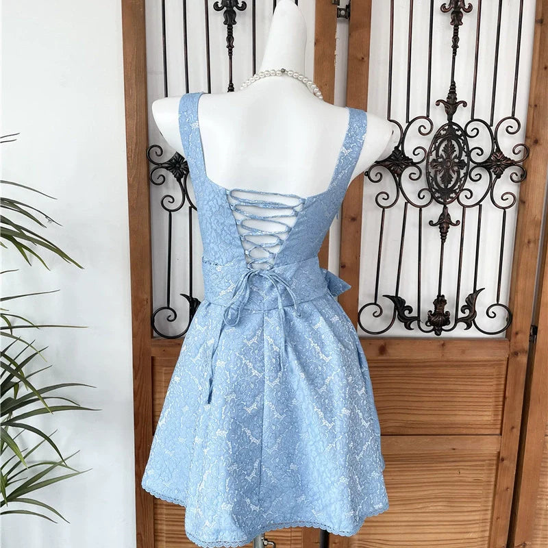 Beaded Square Neck Retro Jacquard Bow Strap Waist A-Line Mini Dress