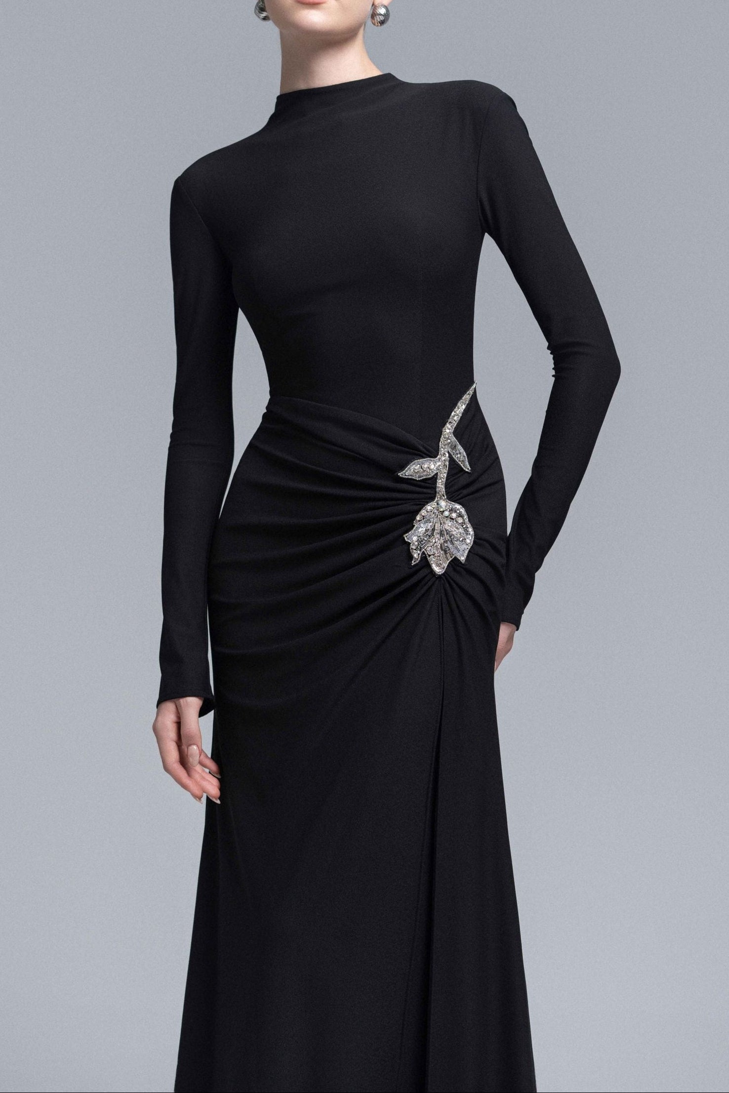 Hedwig Rose Embellished Gathered Sheath Gown In Black
