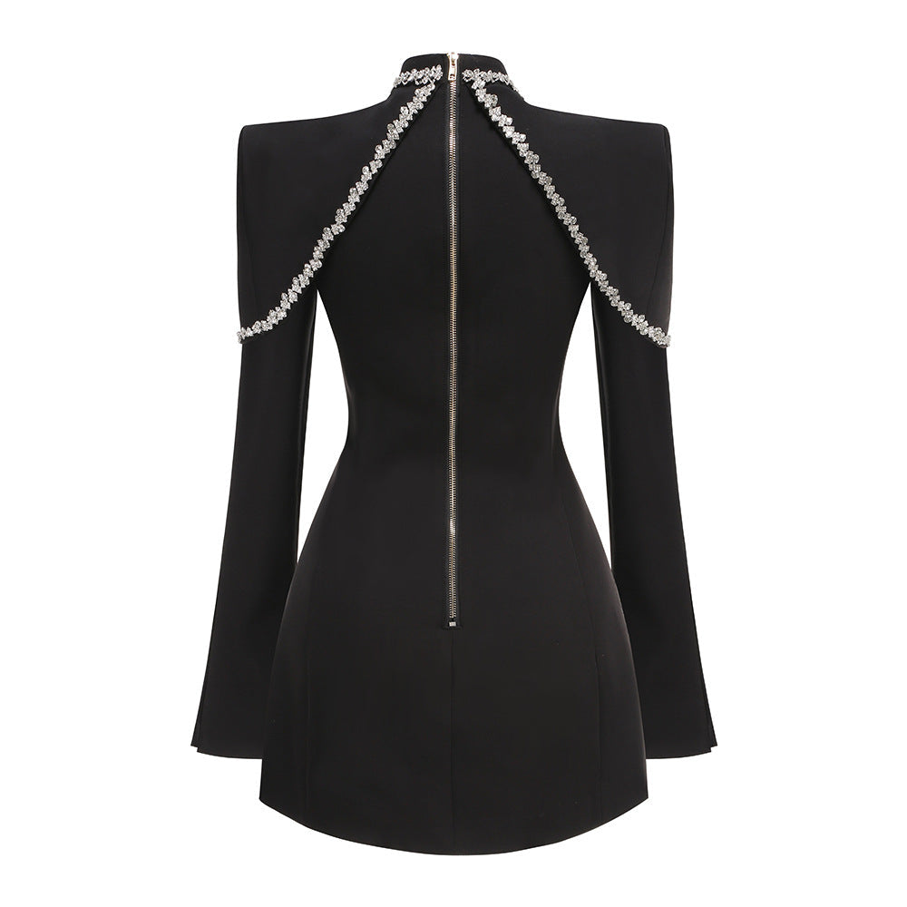 Flowering Girl Women diamond chain embellished trumpet sleeve mini dress in black