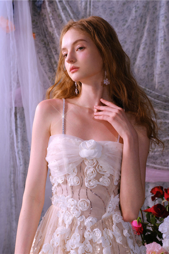 Leah White/Beige Sleeveless  Flower Dress