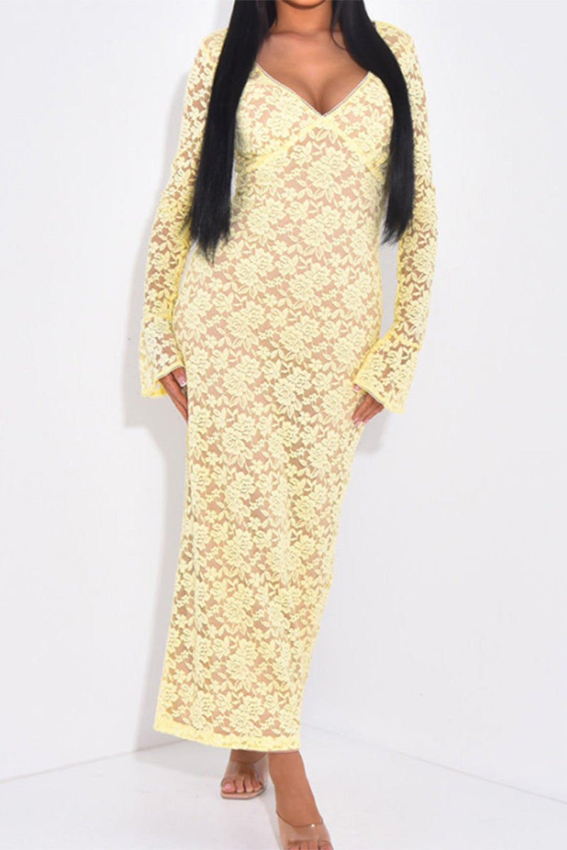 Flowering Girl Women yellow Lace Cutout Long Sleeve maxi Dress