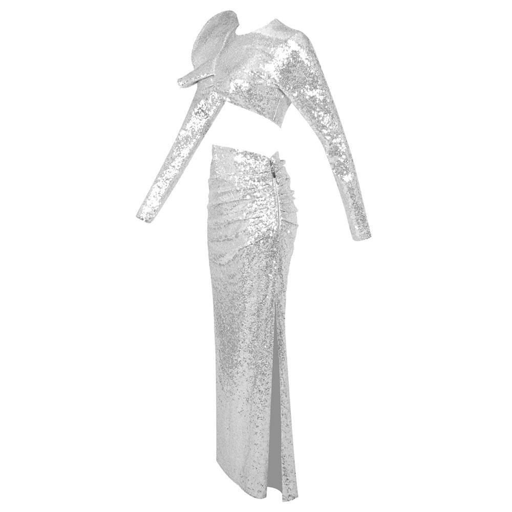 Flowering Girl Women crop top drape skirt set in silver
