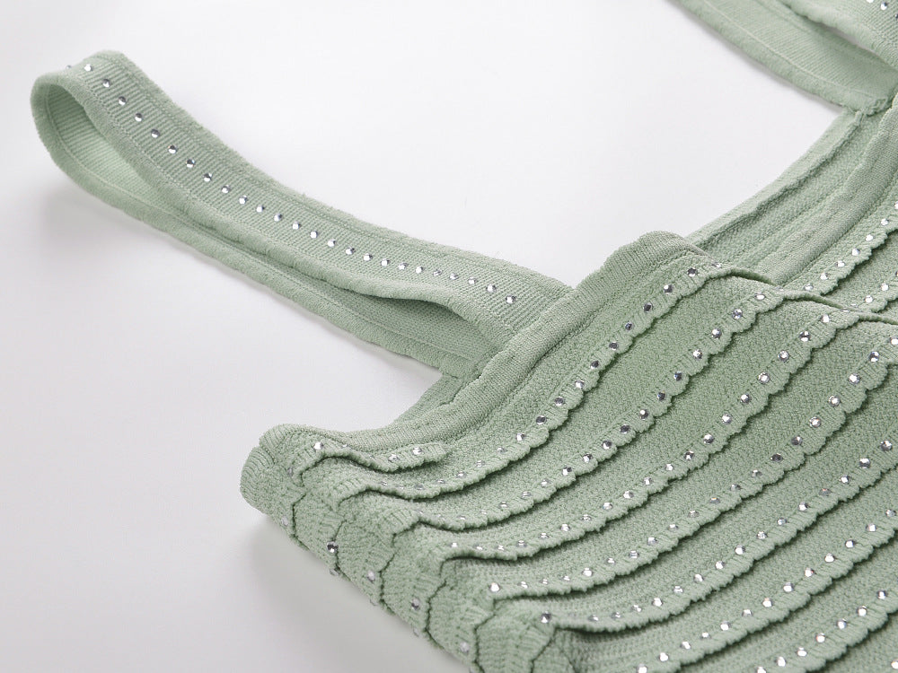 Flowering Girl Women Rhinestone Trim Knit Crop Top In Almond Green