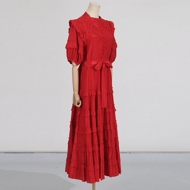 Flowering Girl Women Lace ruffle trim layer midi dress in red