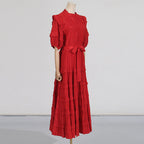 Flowering Girl Women Lace ruffle trim layer midi dress in red