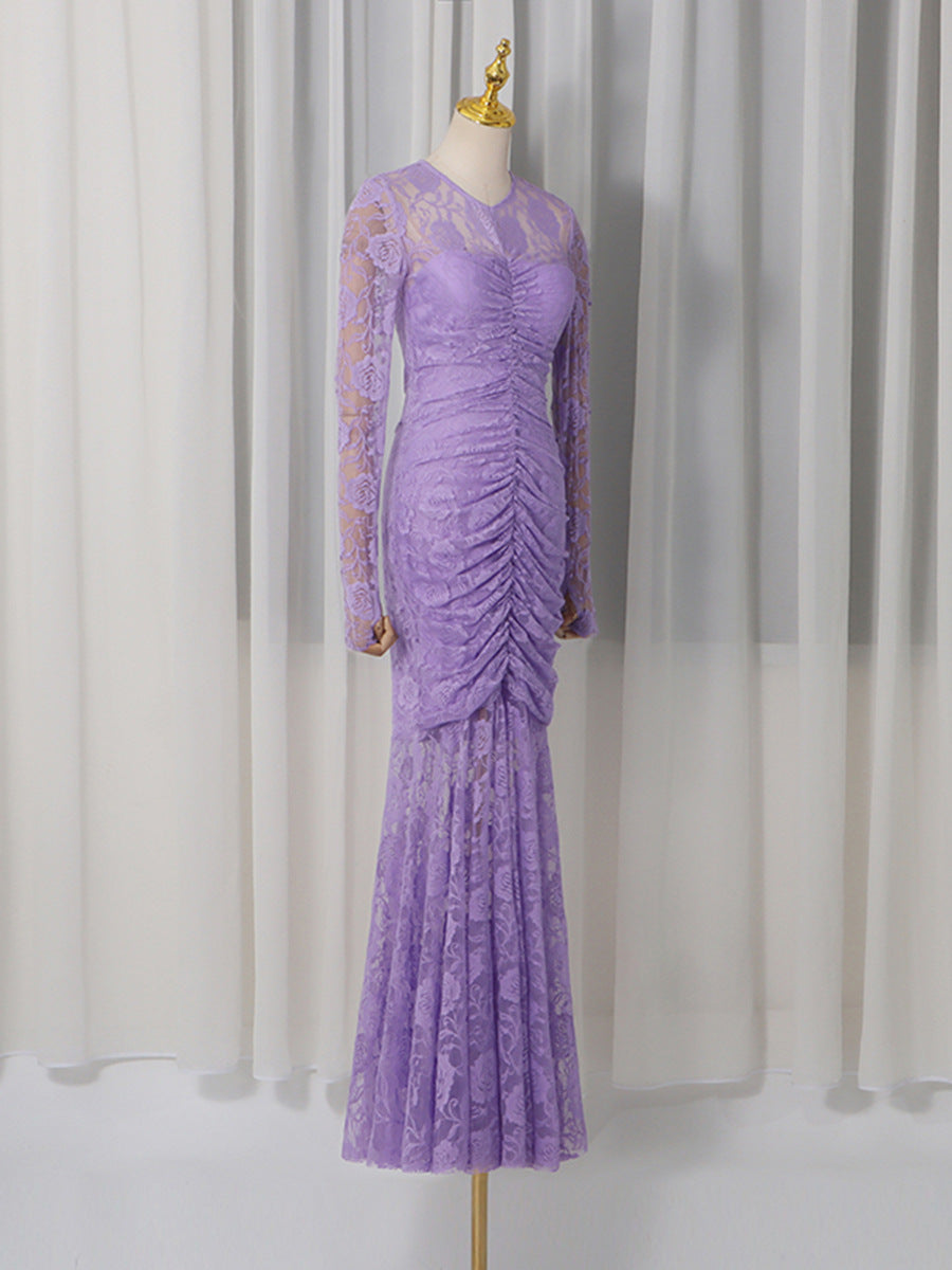 Flowering Girl Women Penny Lace Hollow Ruched Bodycon Long Sleeve Maxi Dress In Purple