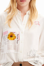 White Sunflower & Text Print Long Sleeve Button-Down Shirt