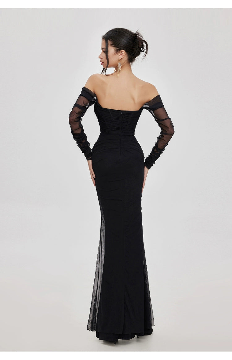 Ariel Black Mesh Off-Shoulder Mermaid Maxi Dress