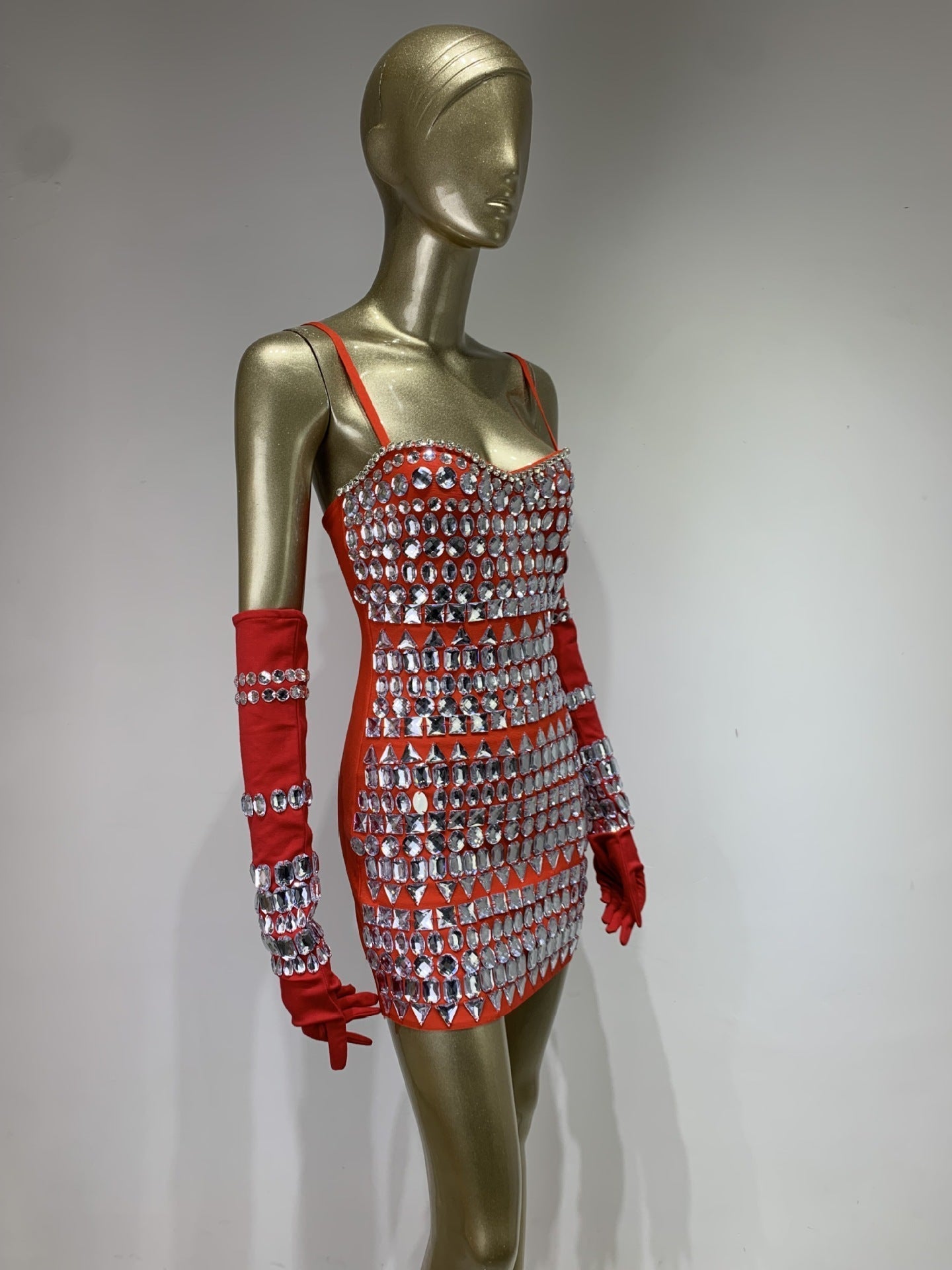 Flowering Girl Women CRYSTAL EMBELLISHED BANDAGE DRESS WITH GLOVES IN RED