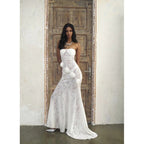 Sheer lace strapless dress with three-dimensional floral fishtail skirt - white