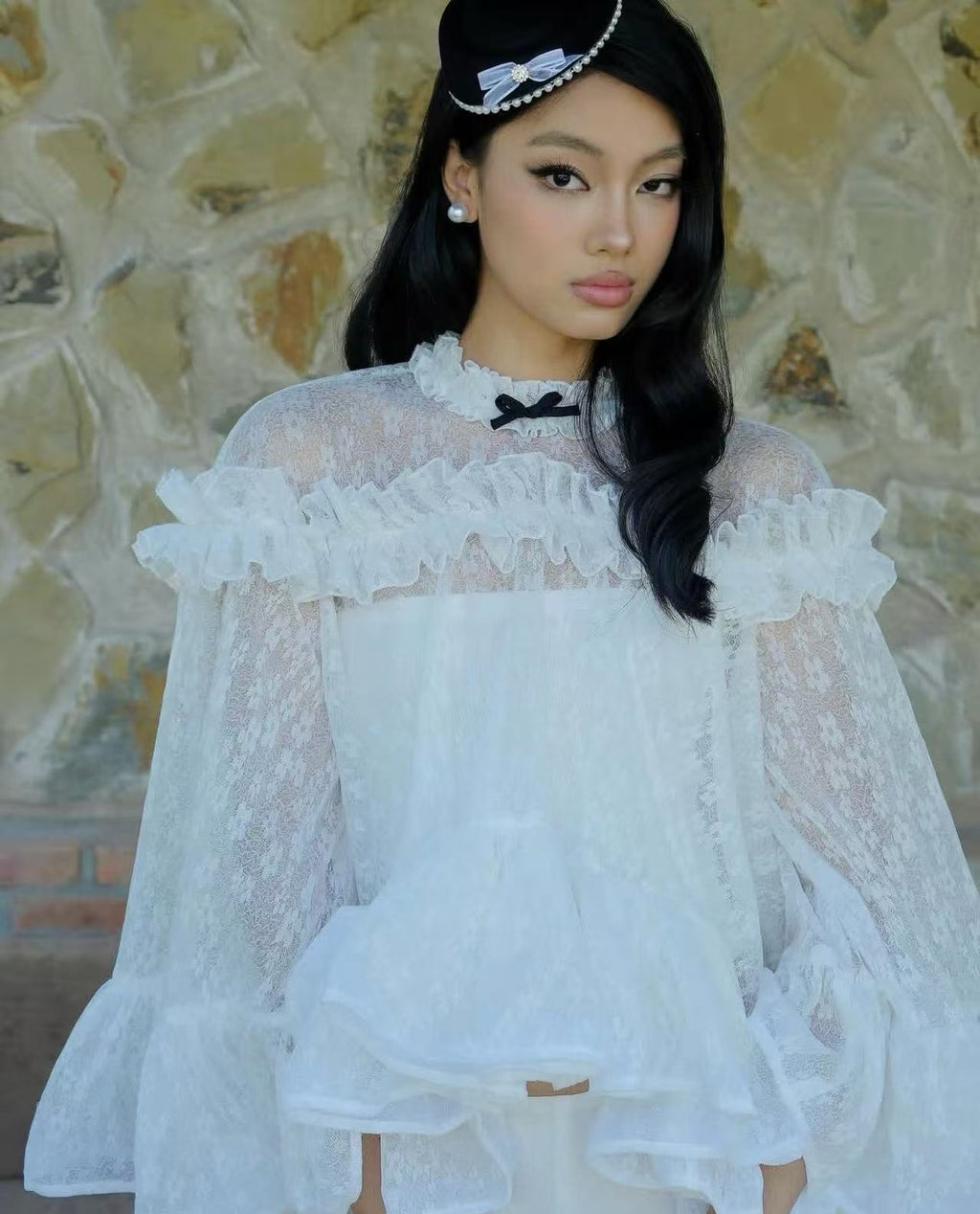 vanessa white Floral Lace Ruffled Top & Shorts Set