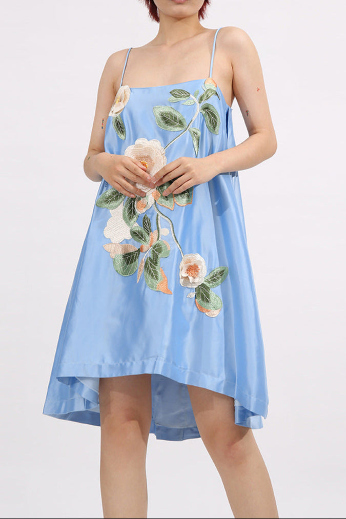 Edwina Applique Floral Embroidered Mini Dress In Blue