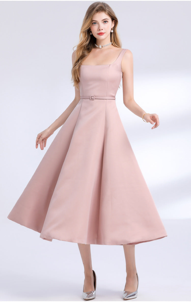 amelia square neck Satin Slip midi Dress - pink