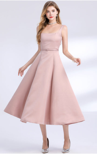 amelia square neck Satin Slip midi Dress - pink