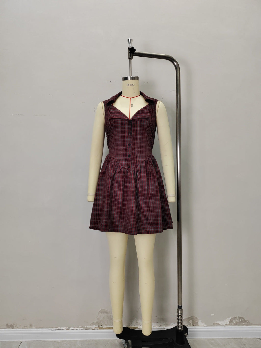 Flowering Girl Women Red Plaid Sleeveless Lapel V Neck Button Front Fit And Flare Mini Dress Summer Retro Dress