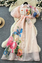 Flowering Girl Women Single-Breasted Floral Printed Puff Sleeve Maxi Dress In Apricot