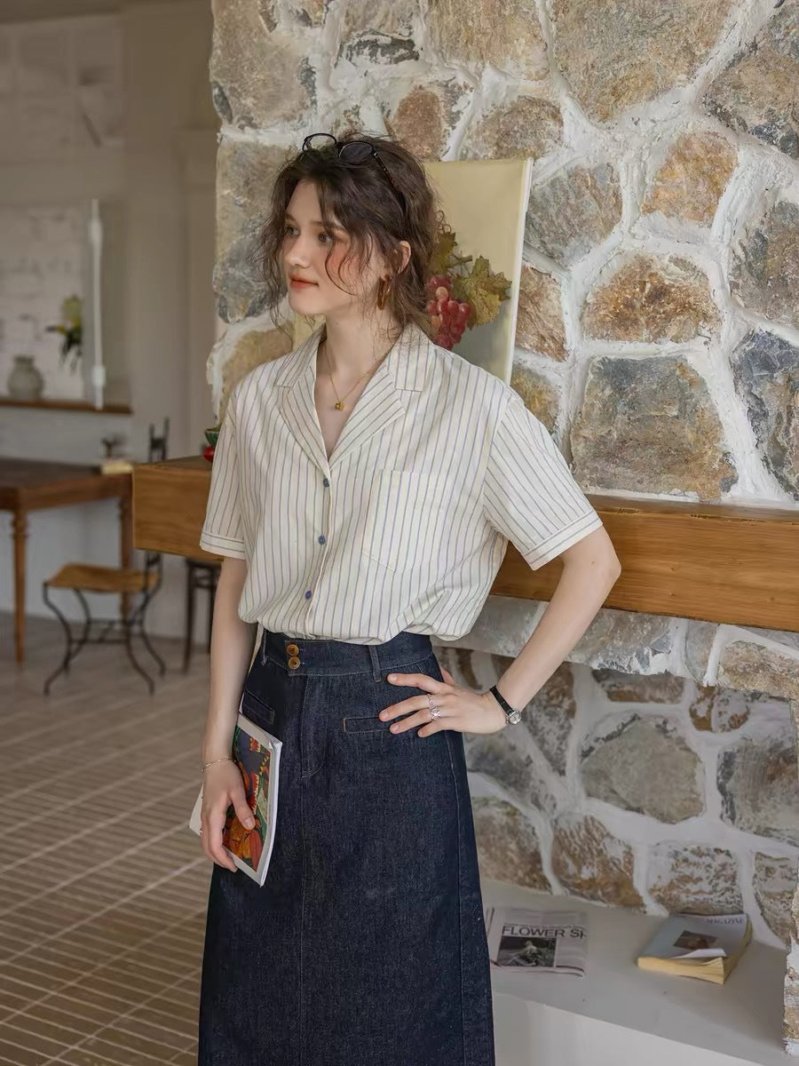 striped texture cotton-linen short collar shirt