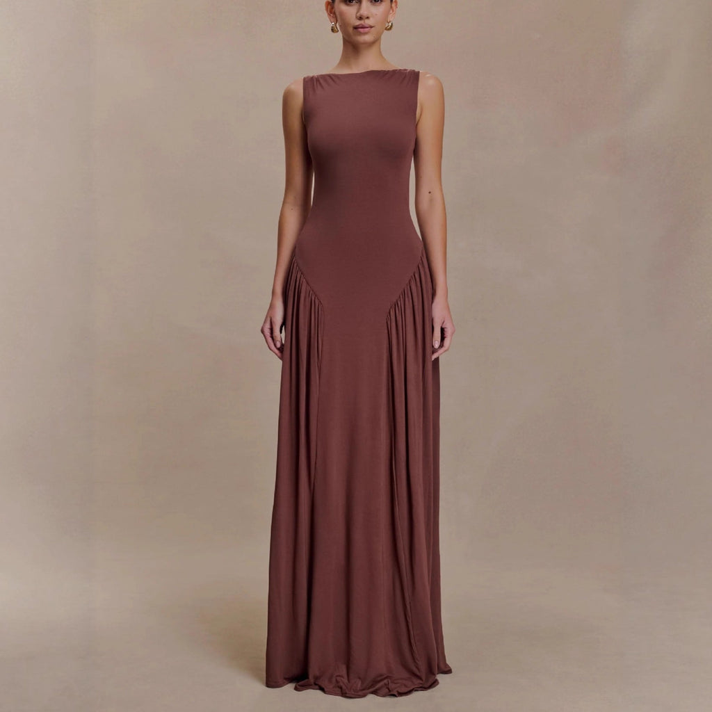 Flowering Girl Women brown pleated one-line neck pleated open back dress