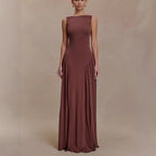 Flowering Girl Women brown pleated one-line neck pleated open back dress
