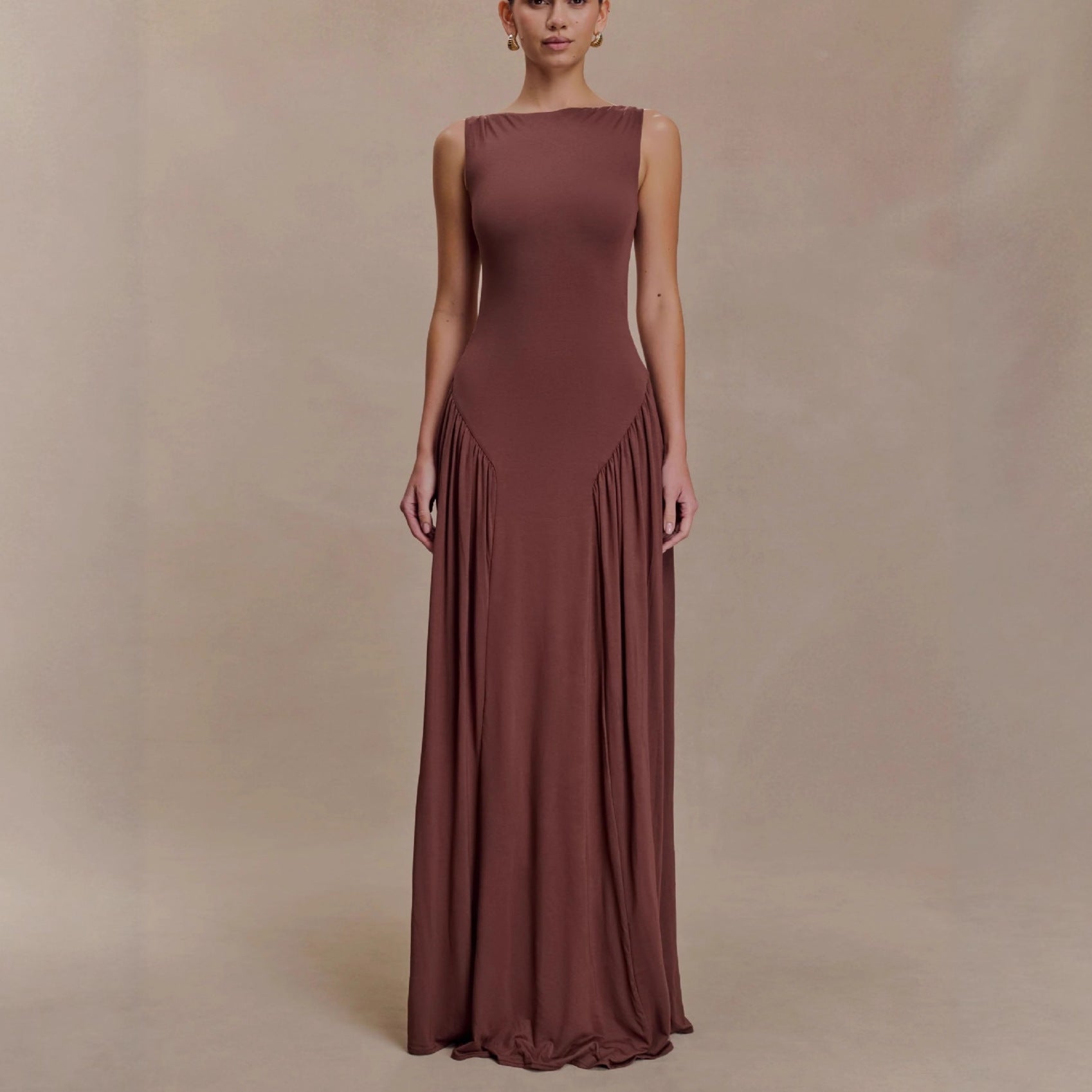 Flowering Girl Women brown pleated one-line neck pleated open back dress