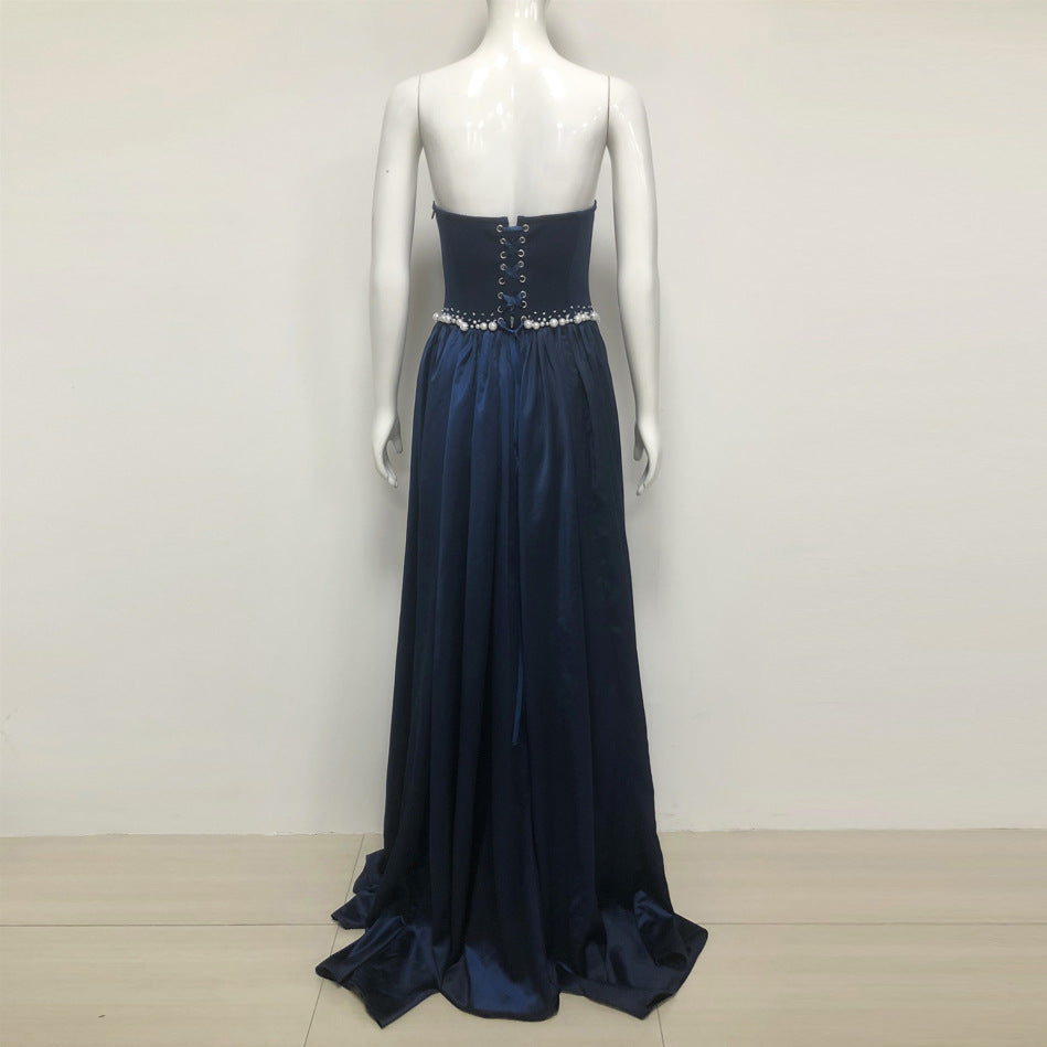 Samantha Dark Blue Pearls Embroidered Strapless Maxi Dress