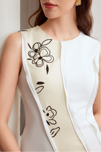 White & Beige Color-Block Floral Embroidered Sleeveless Midi Dress