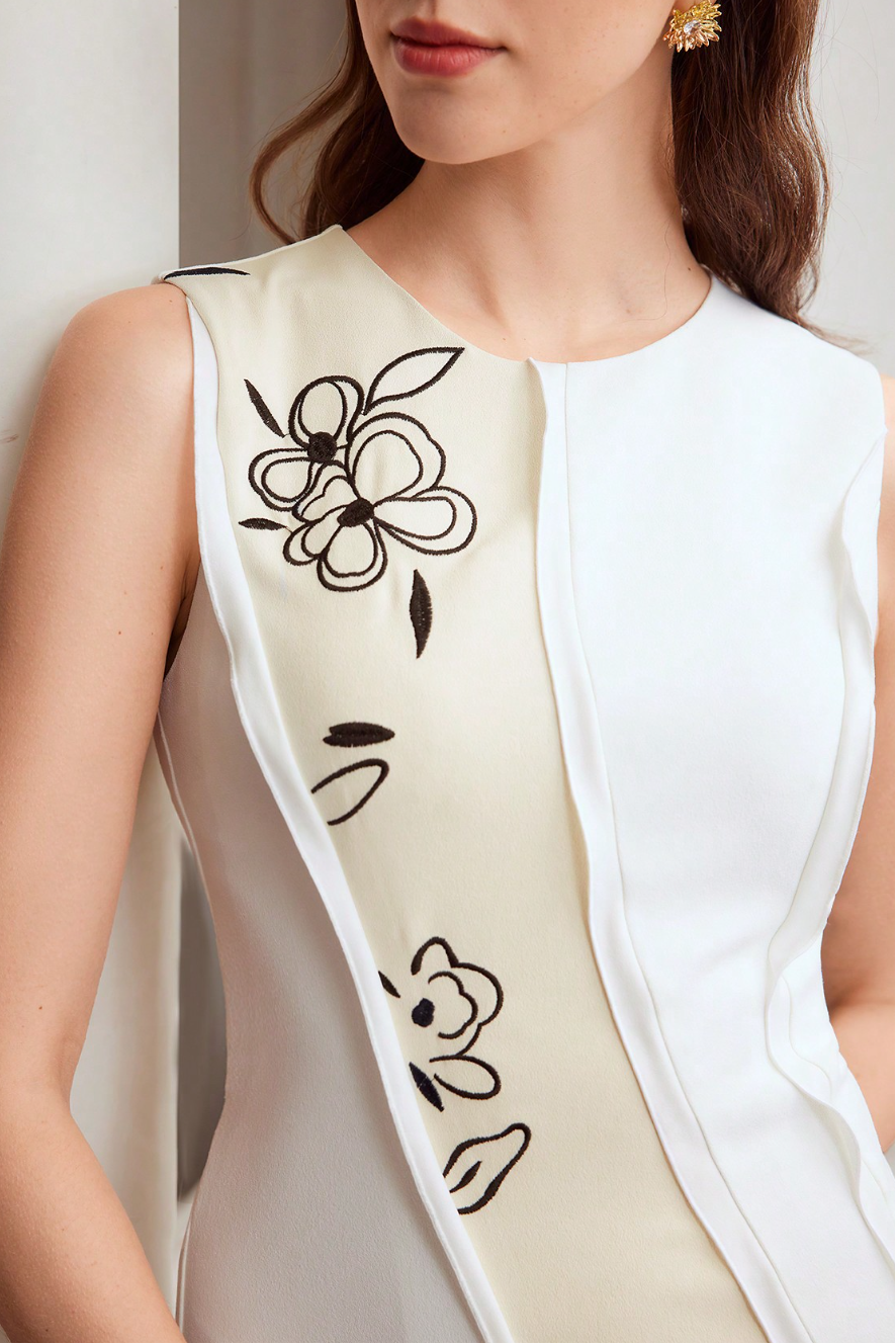 White & Beige Color-Block Floral Embroidered Sleeveless Midi Dress