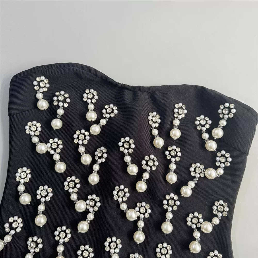 Flowering Girl Women Strapless Pearl Rhinestone Cluster Bodycon Mini Dress