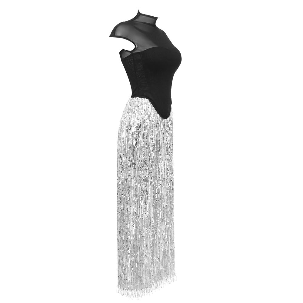 Flowering Girl Women tassel sequin black corset maxi dress