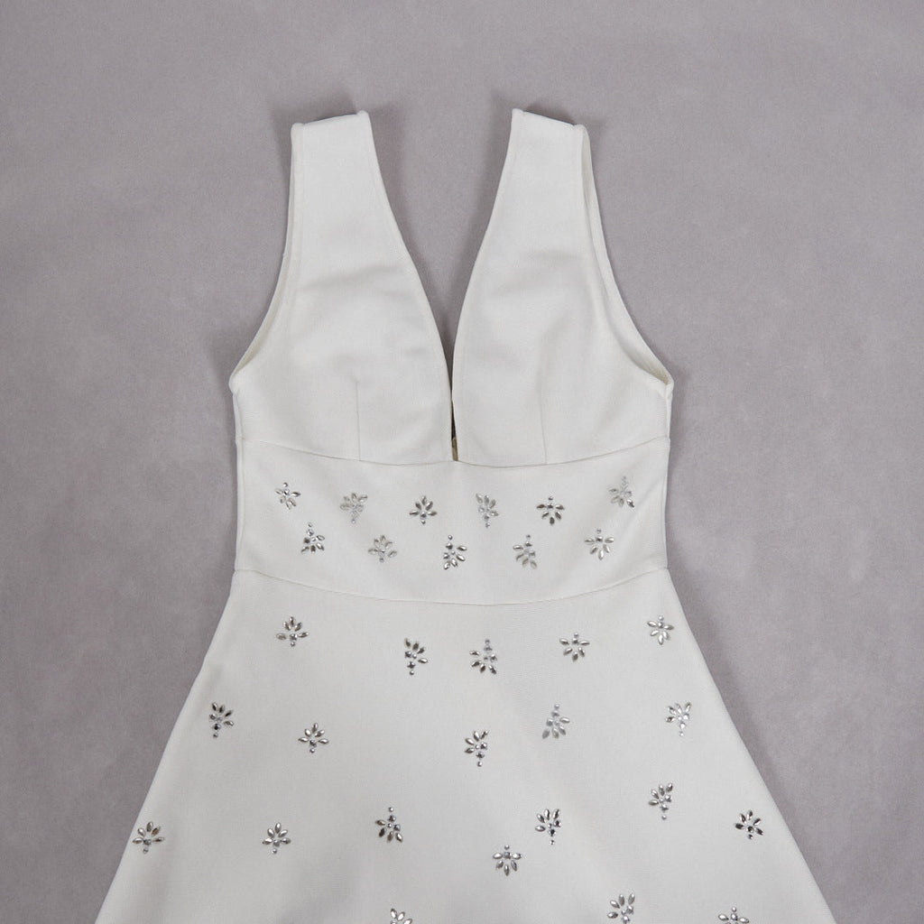 lily diamond V-neck midi dress in white