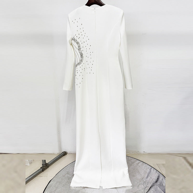 white long sleeve embellished maxi dress