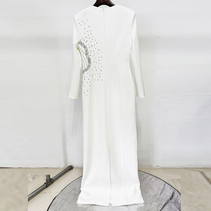 white long sleeve embellished maxi dress