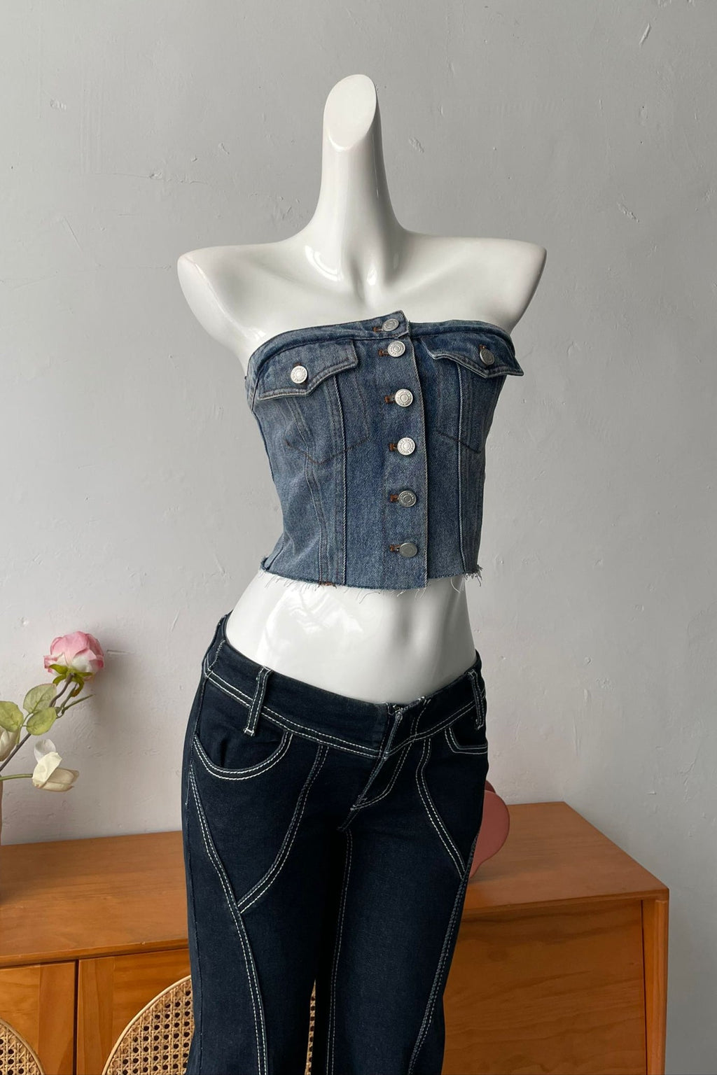 Flowering Girl Women 8-Button Denim Tube Top In Blue