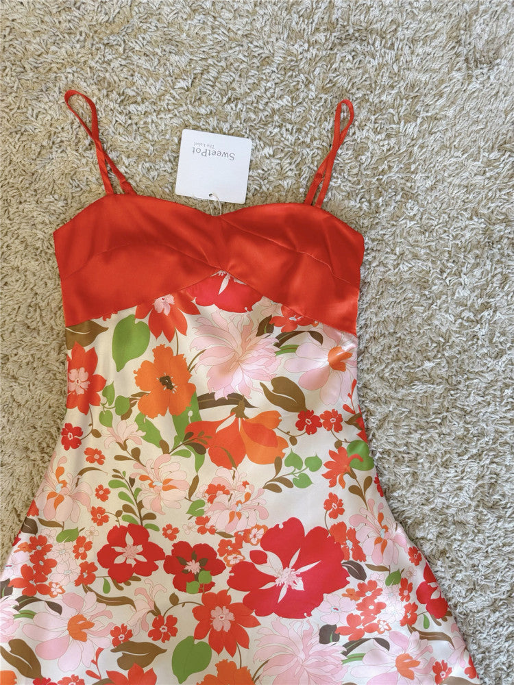 Two-Tone Satin Bust Floral Slip Mini Dress