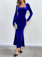 Flowering Girl Women blue Bodycon Long-Sleeved Velvet Fishtail Maxi Dress
