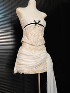 white Herringbone tube top floral ruffle mini dress suit