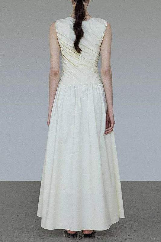 jenny ruched a-line sleeveless midi dress in apricot