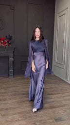 Flowering Girl Women Spliced Glass Tulle Large Swing Sleeve Long Satin Slim Fit Dress
